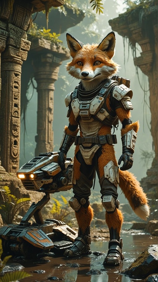 Full-body digital illustration of an anthropomorphic orange fox warrior wearing heavy sci-fi armor and holding a large mechanical weapon amidst mossy stone ruins.