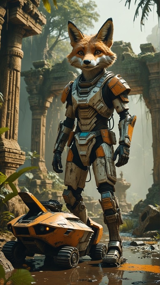 An anthropomorphic orange fox wearing weathered white and orange power armor stands in muddy ancient ruins next to a small damaged rover.