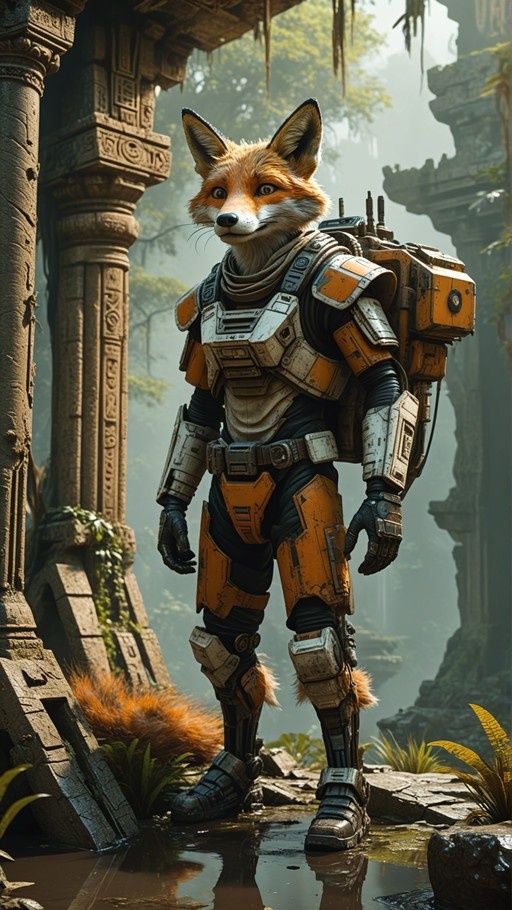 A red fox character in heavy orange and white sci-fi armor stands in a misty stone ruin, wearing a large backpack.