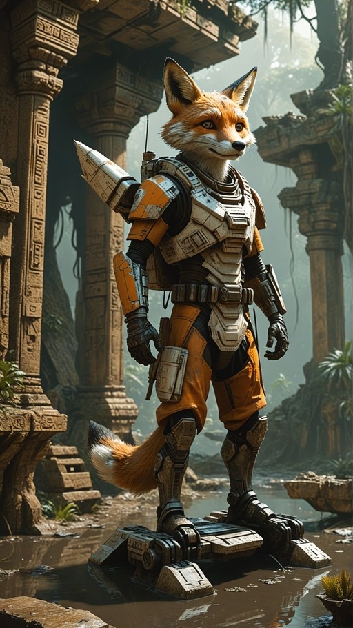 Anthropomorphic fox warrior in futuristic white and orange armor standing among mossy stone ruins.