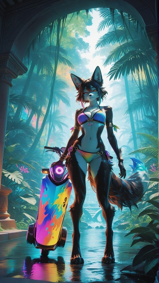 A full-body illustration of a female anthropomorphic fox with dark fur and large ears standing next to a neon-colored scooter in a tropical jungle setting.
