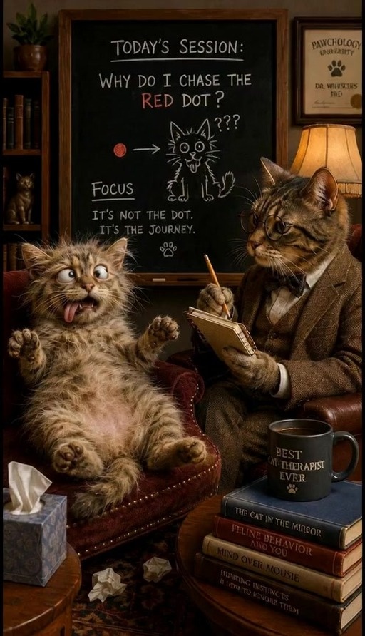 A fluffy tabby cat lies on a couch looking confused while a therapist cat in a suit and glasses takes notes during a session about chasing red dots.