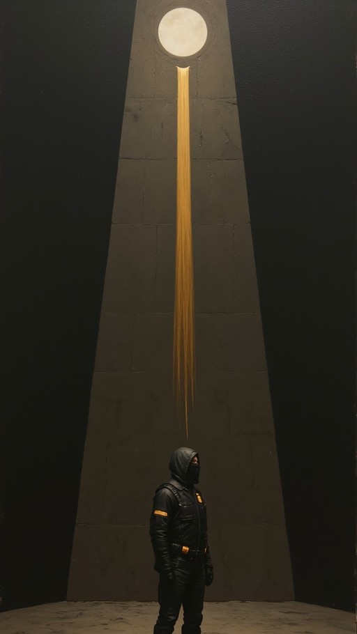 A hooded figure in black gear stands beneath a vertical beam of golden light streaming from a full moon high above on a dark wall.