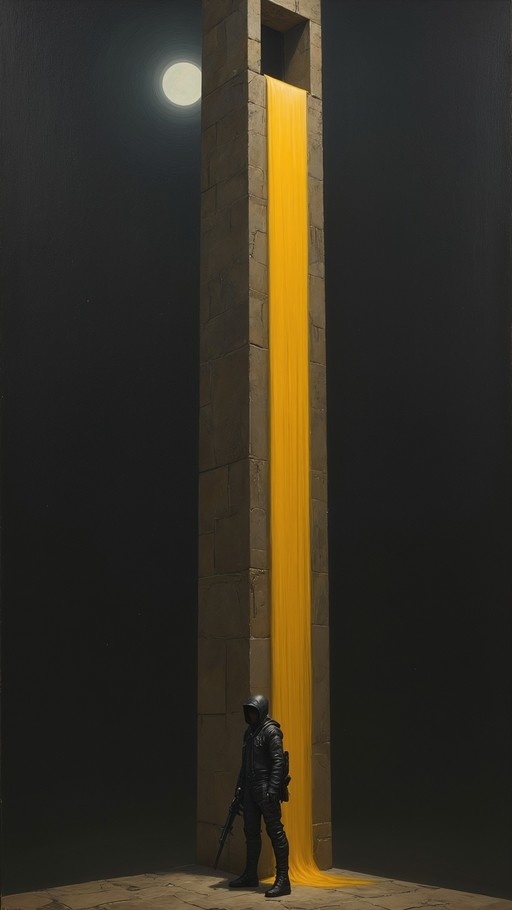 A hooded figure in black armor stands at the base of a tall stone wall as bright yellow liquid pours from a high opening down to the ground under a full moon.