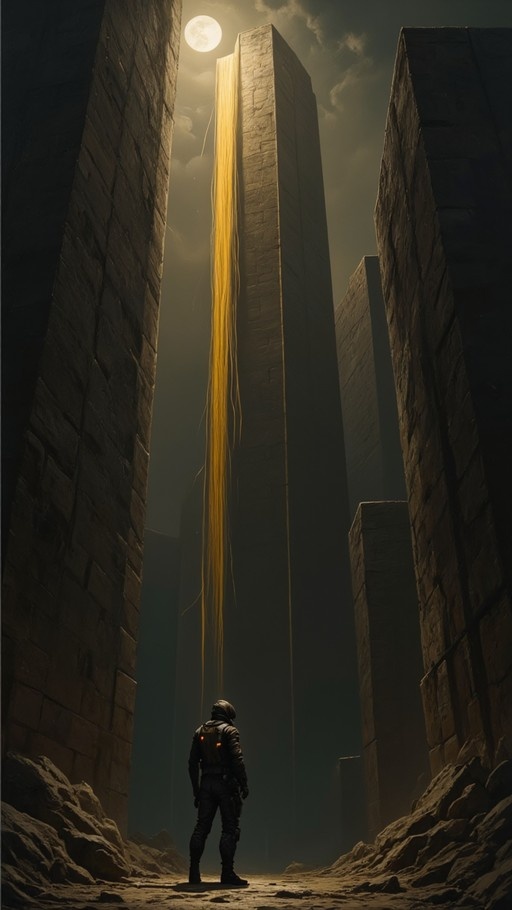 A lone figure in dark gear stands with their back to the viewer, looking up at a tall stone monolith illuminated by moonlight and a beam of gold.