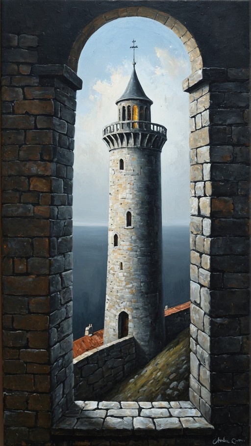 A vertical painting of a stone lighthouse tower viewed through a dark archway, overlooking the sea under a cloudy sky.