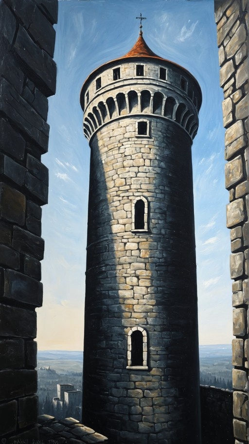 A painting of a tall medieval stone tower with a conical roof and cross, viewed through a gap in stone walls against a blue sky.