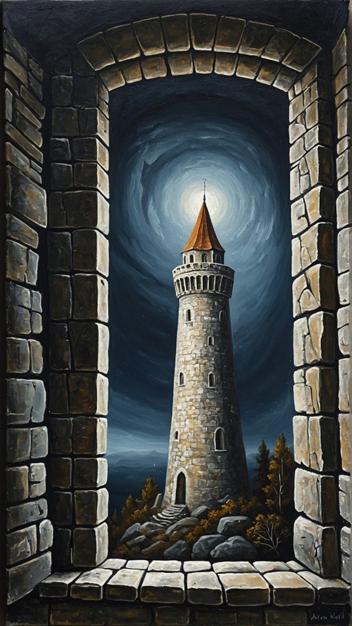 A painting of a tall stone tower with a pointed roof seen through a stone window archway under a bright moon in a dark blue sky.