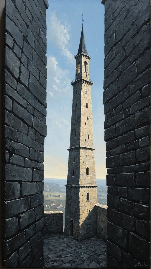 A tall stone tower with a pointed spire is viewed through a dark stone archway against a blue sky with clouds.