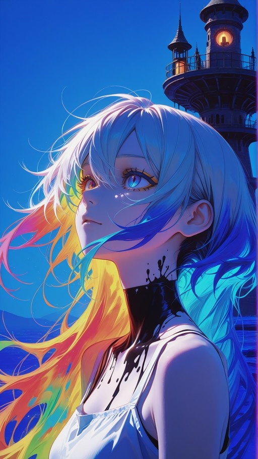 Anime girl with long rainbow hair looking up at a lighthouse.