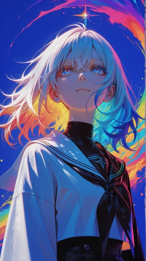 An anime girl with white and blue hair and mismatched eyes wearing a sailor uniform under a starry sky.