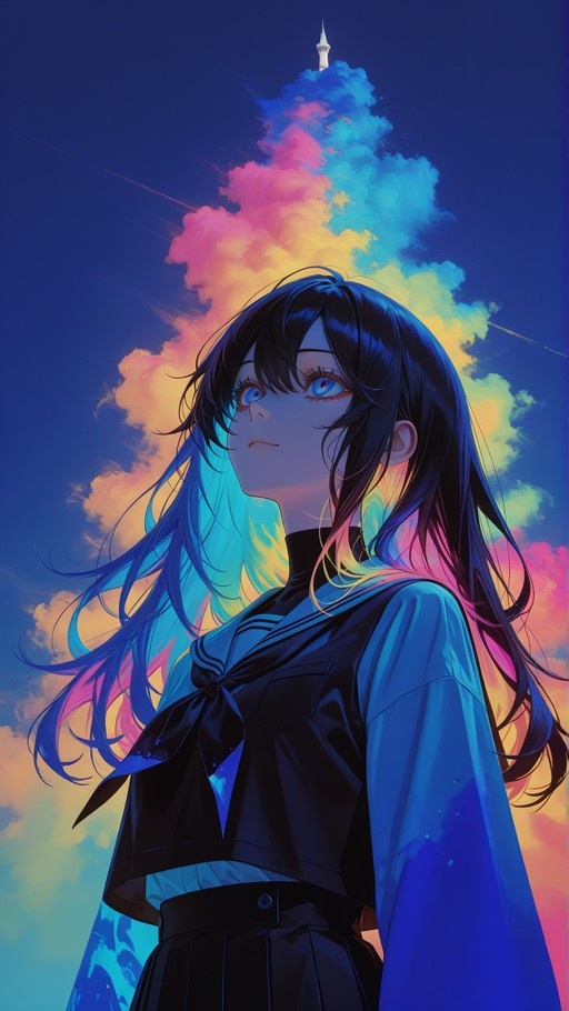 Anime girl in black sailor uniform looking up at colorful sunset clouds and a distant tower.