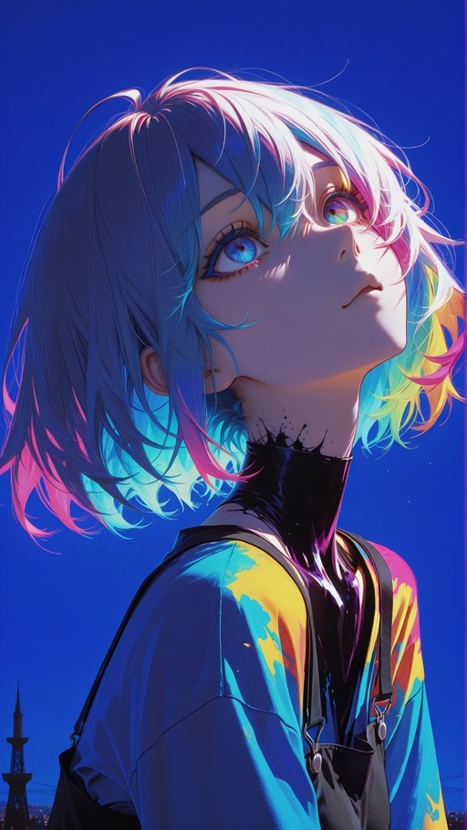 An anime-style illustration of a young woman with short, multicolored hair in shades of blue and pink, wearing black overalls and looking upward against a deep blue sky.