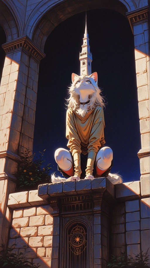 A white-furred anthropomorphic cat boy in a yellow shirt squats on a stone ledge under an archway, gazing up at a tall illuminated tower against a starry night sky.