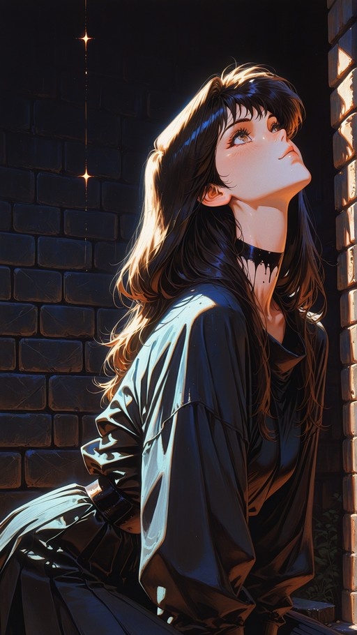A young woman with long dark hair and a black choker looks up at two bright stars in the night sky while standing between brick walls.