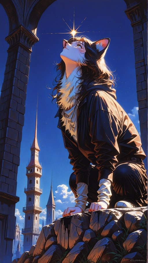 A cat girl with black hair and ears crouches on rocky ground under an archway, looking up at a bright star in a blue sky with a tower in the background.