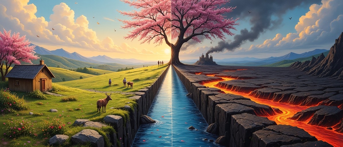 A split-screen image showing a peaceful green meadow with a cottage and cherry blossoms on the left, separated by a central tree and water channel from a dark volcanic landscape with lava flows and a castle on the right.