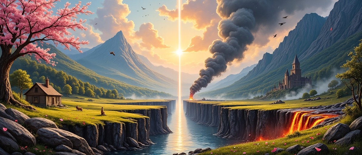 A fantasy landscape split by a glowing beam of light, featuring a peaceful green valley with a cabin and cherry blossom tree on one side, and a volcanic castle with lava flows on the other.