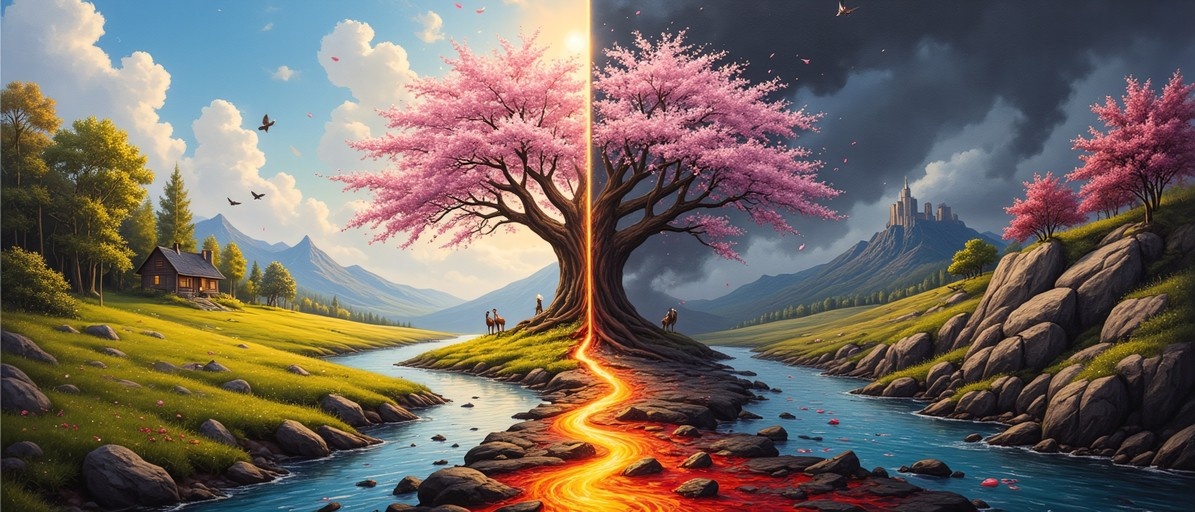 A massive pink cherry blossom tree stands in a river, dividing a bright green valley with a cabin from a dark rocky mountain with a castle, while glowing lava flows from its roots.