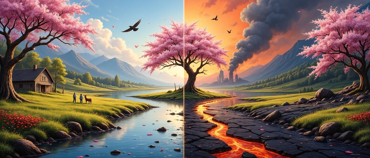 A split-screen digital painting showing a serene valley with a cabin and deer on the left, contrasting with a smoky, lava-filled wasteland on the right, both framed by pink cherry blossom trees.