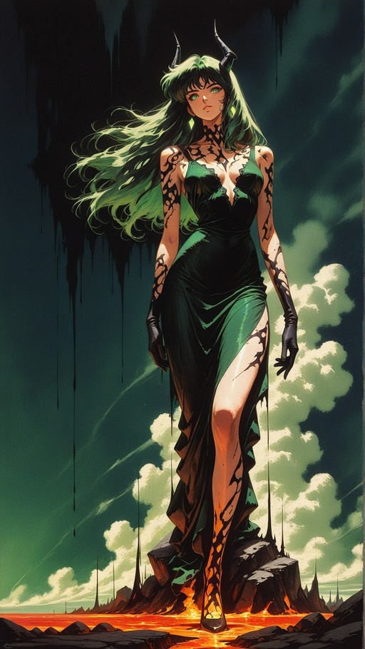A full-body illustration of a green-haired woman with black horns and dark skin markings standing on a rock surrounded by lava in a dramatic sky.