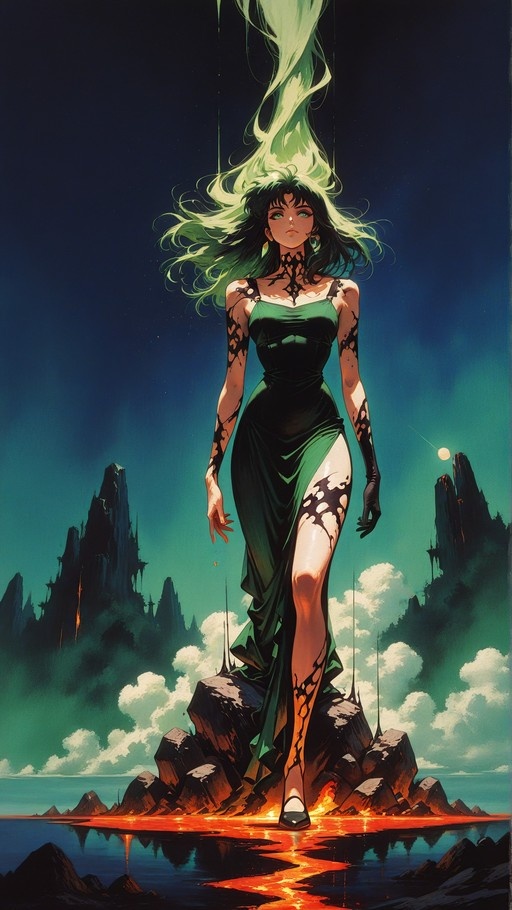 A young woman with long flowing green hair and a dark green dress stands on rocks surrounded by lava, with black markings on her skin against a cloudy sky.