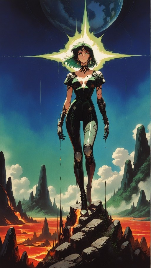 Anime-style woman with green hair and eyes wearing a futuristic suit standing on rocks above a lava field with a planet in the sky.