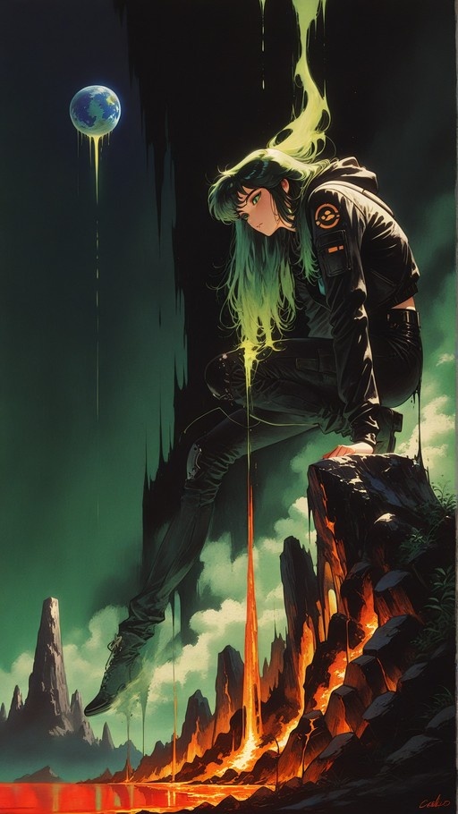 A green-haired girl in a black jacket sits on a rock overlooking a volcanic landscape with lava, while a melting Earth hangs in the sky.