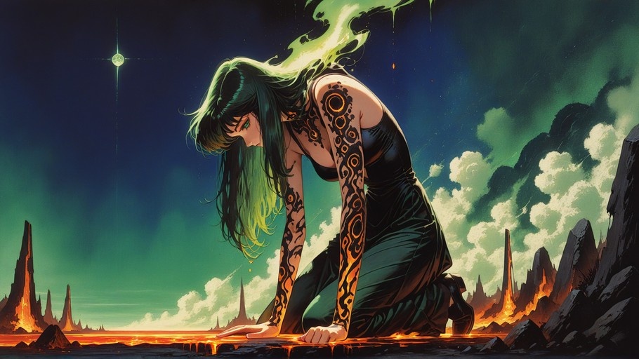 A green-haired fantasy woman with tattoos kneels on lava in a rocky landscape under a starry sky.