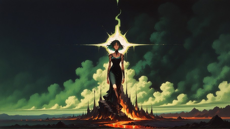 A dark-haired woman in a black dress walks down a rocky spire amidst lava, framed by a bright glowing starburst in a green sky.
