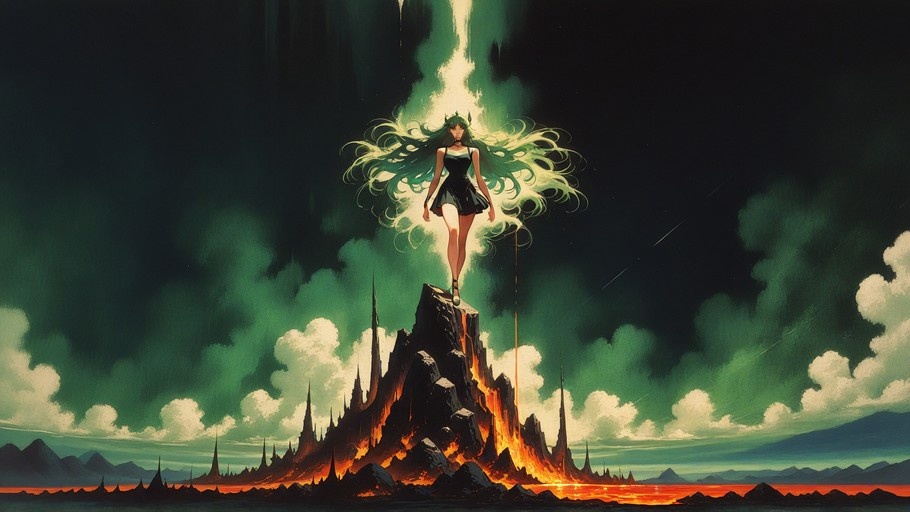 A digital illustration of a woman with long flowing green hair and small horns standing atop a jagged volcanic rock formation under a dark sky with green auroras.