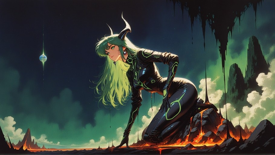 A giant woman with long green hair and black horns kneels on rocky terrain near flowing lava, wearing a tight black bodysuit with green trim, while a planet hangs in the dark sky above her.