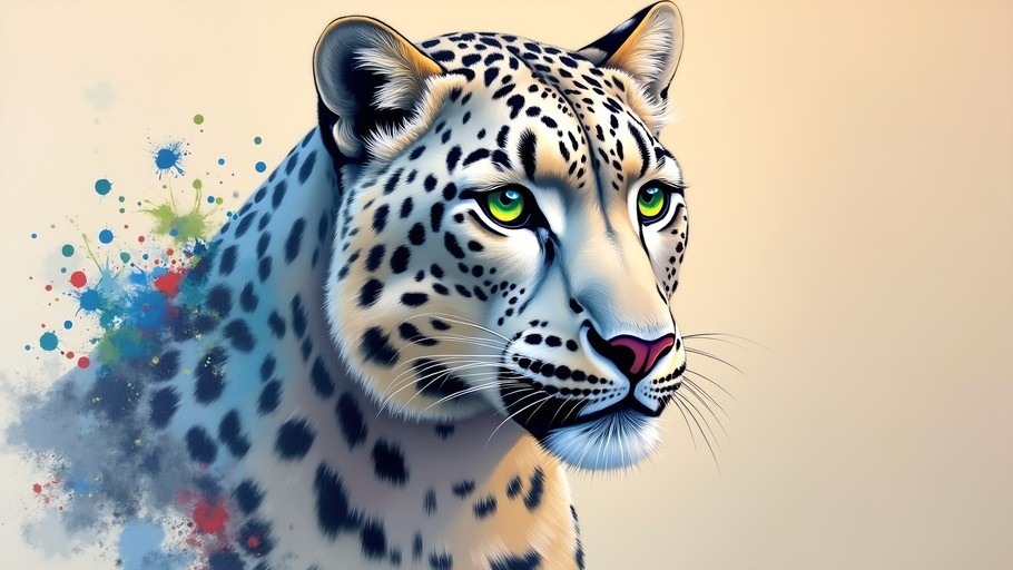 Digital artwork of a leopard in profile with striking green eyes and colorful paint splatters on its left side against a neutral background.