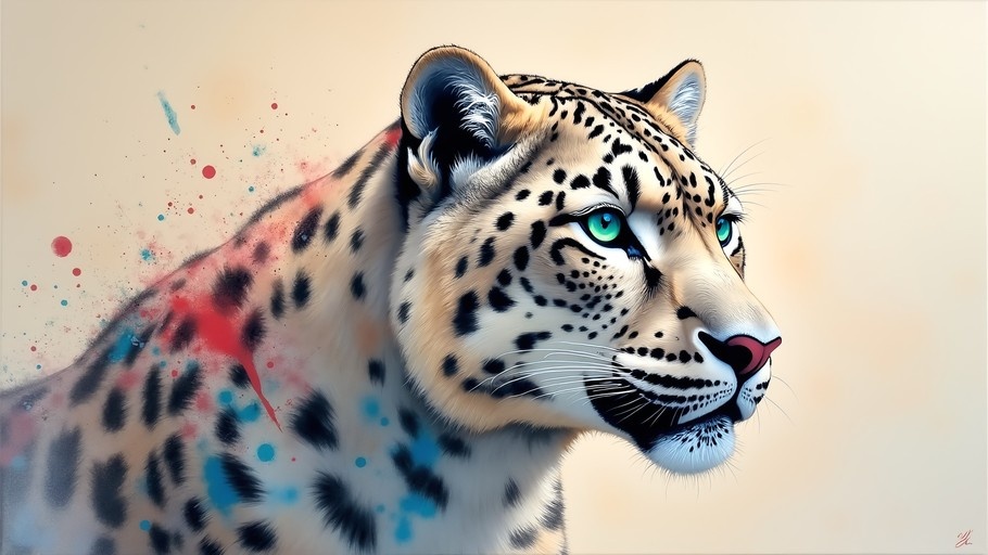 A digital painting of a snow leopard in profile with bright green eyes and colorful paint splatters on its back.