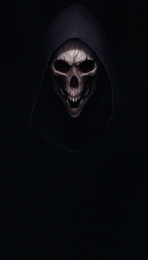 A menacing skull wearing a black hood against a dark background.