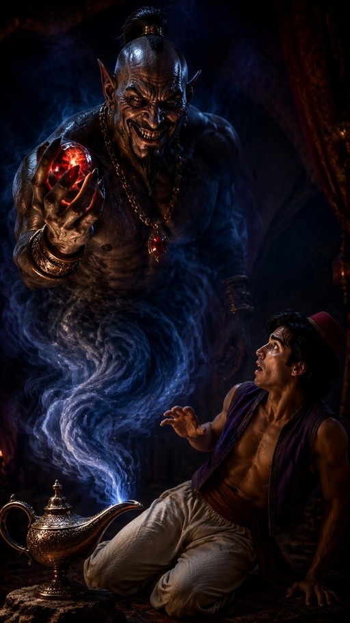 Aladdin kneeling before a large dark genie emerging from a magic lamp