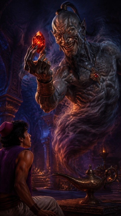 A large grey-skinned genie with a beard holds a glowing red gemstone above a young man in a purple vest and red fez who looks up from beside an ornate magic lamp.