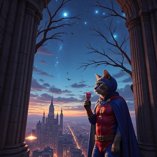 An anthropomorphic cat wearing a red and blue superhero costume with a cape stands on a balcony holding an ice cream cone, looking up at a plane crashing in the sky above a city skyline at night.