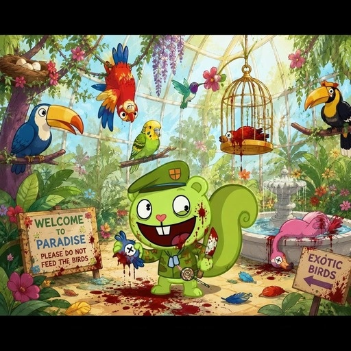 A green anthropomorphic squirrel wearing a military cap and covered in blood stands in a colorful bird sanctuary holding a small blue bird, with other birds flying around and lying on the ground nearby.