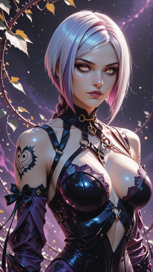A close-up digital illustration of an anime-style woman with short white and purple hair looking directly at the viewer. She has orange eyes, a heart-shaped tattoo on her right shoulder, and wears a black leather harness with detached purple floral sleeves against a dark background with floating.