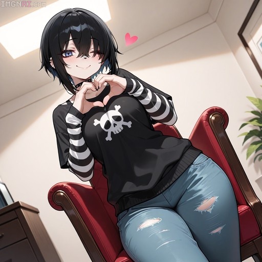 An anime girl with short black hair and blue eyes winks while making a heart shape with her hands, wearing a black skull-print top and ripped jeans in a sunlit room.
