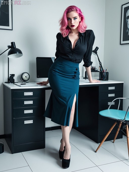 A pink-haired woman in a black shirt and teal slit skirt stands leaning against an office desk.