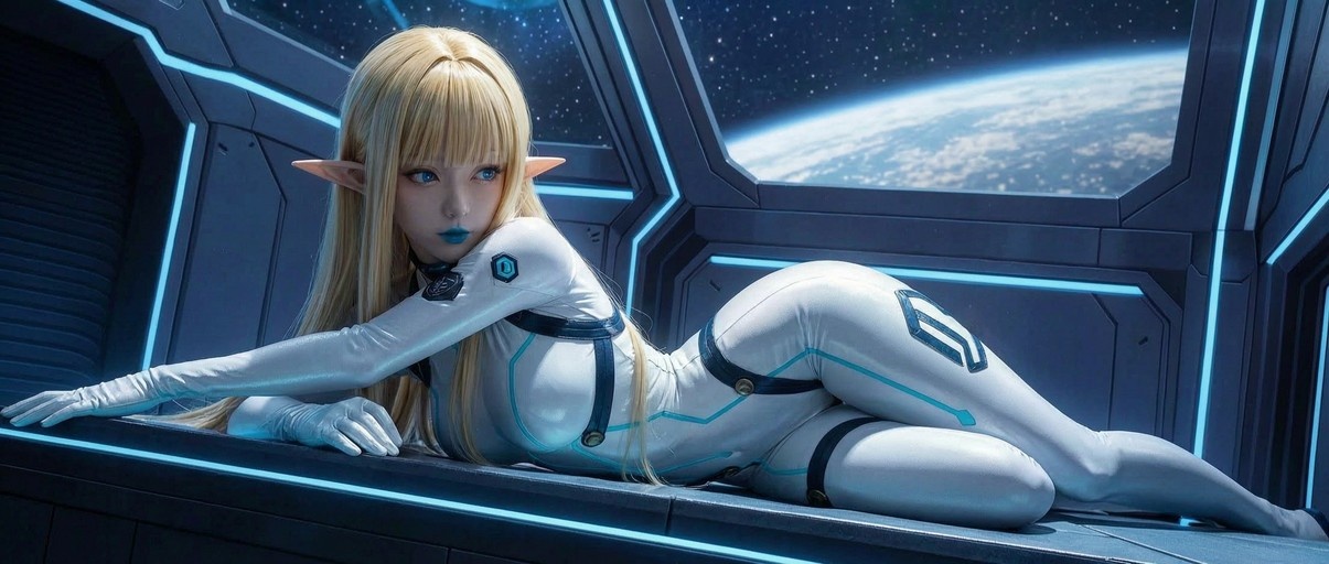 A blonde elf with pointed ears and blue lips wearing a white bodysuit lies on the floor of a spaceship looking out at Earth through a large window.