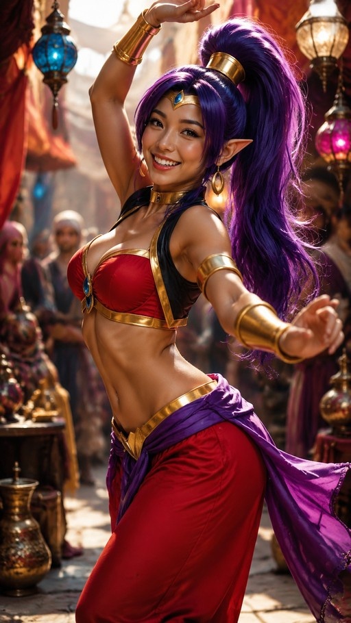 Realistic Shantae with purple hair and pointed ears dancing in a market.