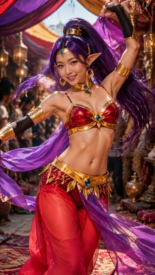 A purple-haired elf with pointed ears dances in a red and gold Arabian-style costume, holding flowing purple fabric.