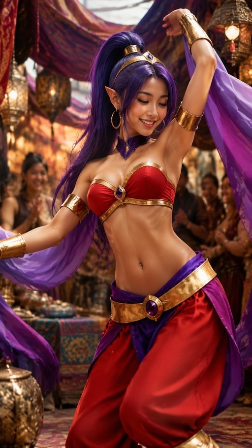 A photorealistic image of Shantae with long purple hair and pointed ears, wearing a red bandeau top and loose red pants while dancing with flowing fabric.
