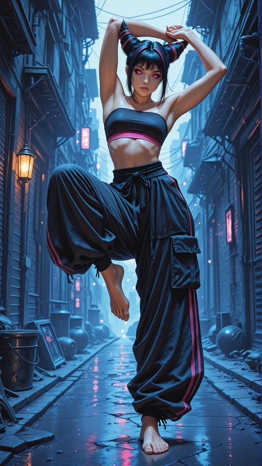 Juri Han balancing on one leg in a blue-lit alley with arms raised.