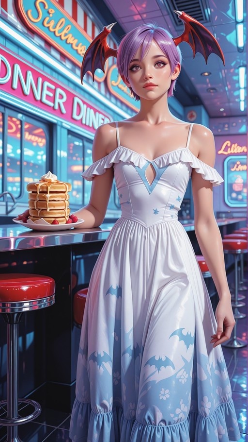 Lilith from Darkstalkers with short purple hair and red head wings holding a plate of pancakes in a neon-lit diner setting.