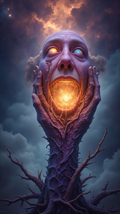 A surreal purple tree monster with heterochromatic glowing eyes cups its own face, revealing a swirling galaxy inside its wide-open mouth against a starry night sky.
