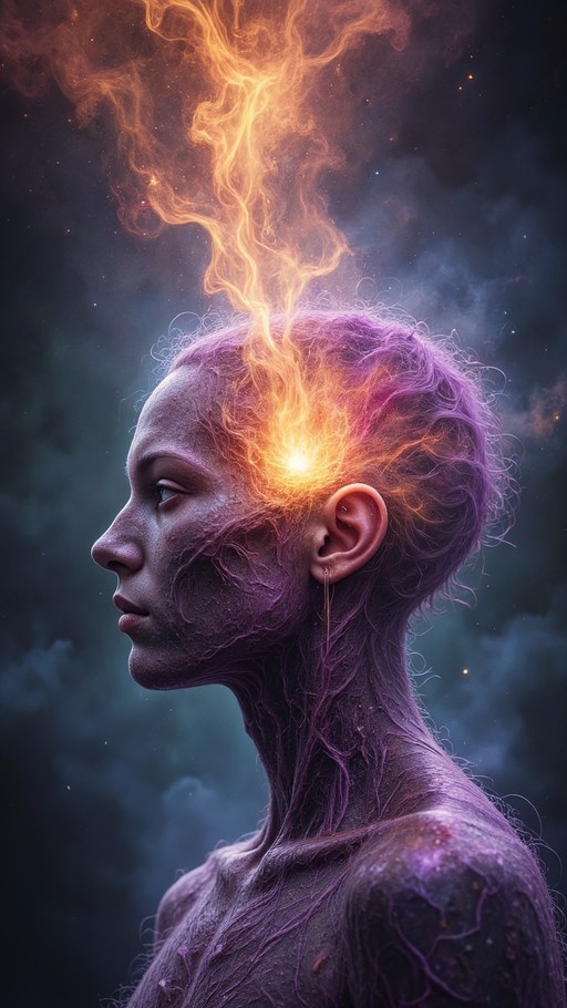 A side profile of a purple-skinned humanoid figure with orange flames rising from the top of their head against a dark starry background.